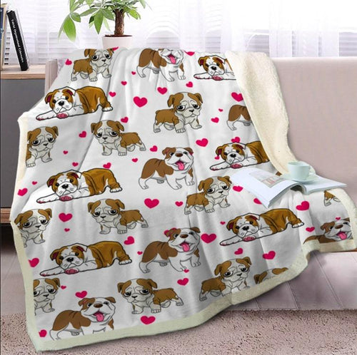 Image of a super-cute English Bulldog blanket with infinite Bulldogs with hearts design