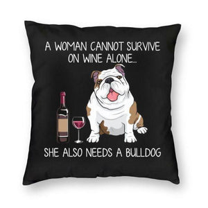 Image of a super cute english bulldog cushion cover in the most adorable Wine and English Bulldog loving design