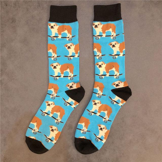 Image of a pair of english bulldog socks in english bulldogs on skateboards design