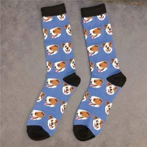 Image of a pair of english bulldog socks in smiling english bulldogs design
