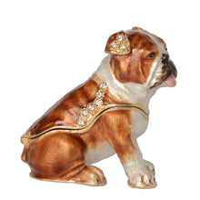 Load image into Gallery viewer, Image of a beautiful English Bulldog jewelry box made of metal with gold highlights