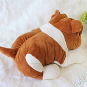 Image of an orange and white english bulldog stuffed animal - back view