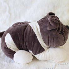 Load image into Gallery viewer, Image of a gray and white english bulldog stuffed animal - side view