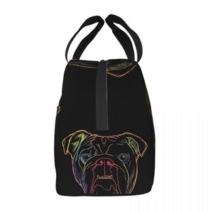 Side image of an insulated English Bulldog lunch bag with exterior pocket