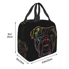 Load image into Gallery viewer, Image of the size of an insulated English Bulldog lunch bag with exterior pocket