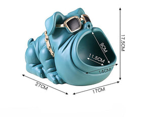 Size image of a super cute english bulldog piggy bank in the color green blue