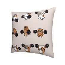 Load image into Gallery viewer, Image of an english bulldog pillow cover in the most adorable Bulldogs lifting weights design