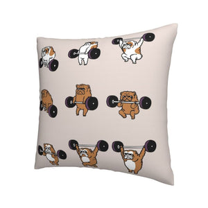 Image of an english bulldog pillow cover in the most adorable Bulldogs lifting weights design