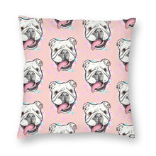 Load image into Gallery viewer, Image of a super cute english bulldog cushion cover in a super happy English Bulldog design on a peachy pink background