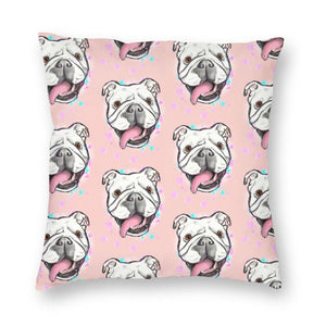 Image of a super cute english bulldog cushion cover in a super happy English Bulldog design on a peachy pink background