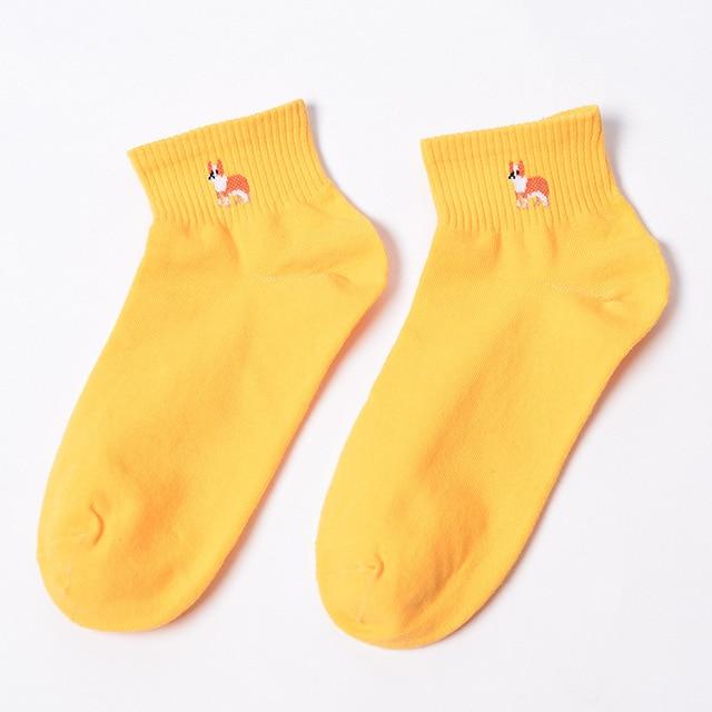 Image of a cute and soft yellow color ankle length English Bulldog socks made of cotton