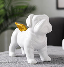 Load image into Gallery viewer, Image of a beautiful white English Bulldog statue with gold-plated angel wings