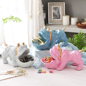 Image of three cutest organiser English Bulldog statues in the shape of English Bulldog in the color White, Blue, and Pink