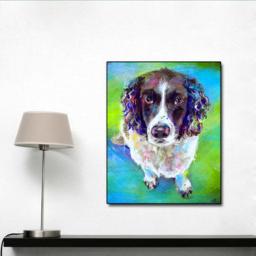 Image of an English Springer Spaniel art poster in a colorful oil painting curious English Springer Spaniel design