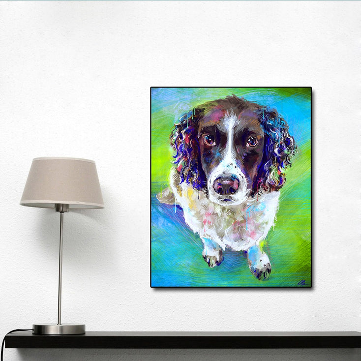 Image of an English Springer Spaniel art poster in a colorful oil painting curious English Springer Spaniel design