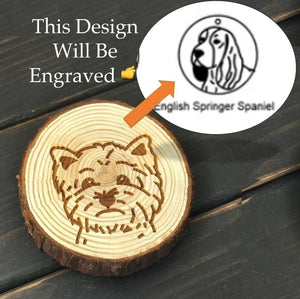 Image of a wood-engraved English Springer Spaniel coaster design