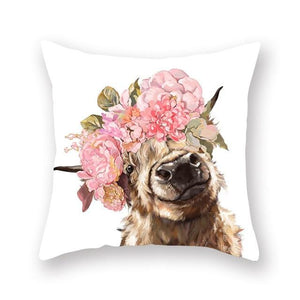 Floral Tiara Pug and Friends Cushion CoversCushion CoverOne SizeCow - Pink Flowers