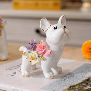 Flower-Decoration White French Bulldog Ceramic StatueHome DecorSmall