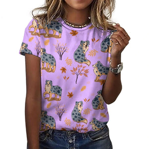 image of a woman wearing a lavender australian shepherd t-shirt for women