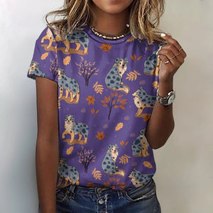 image of a woman wearing a purple australian shepherd t-shirt for women