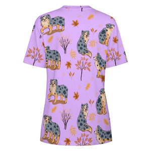 image of a lavender t-shirt , lavender australian shepherd all-over print t-shirt for women - backview