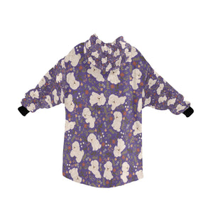 image of a light purple bichon frise blanket hoodie for kids - back view