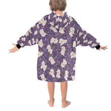 Load image into Gallery viewer, image of a light purple bichon frise blanket hoodie for kids  - back view