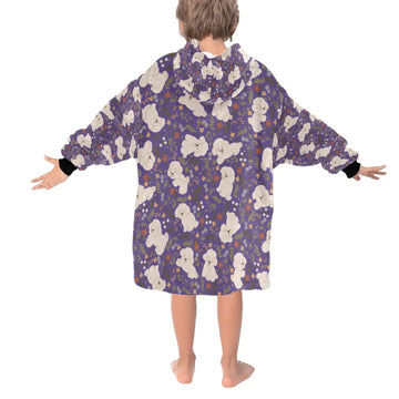 image of a light purple bichon frise blanket hoodie for kids  - back view