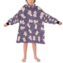 Load image into Gallery viewer, image of a kid wearing a bichon frise blanket hoodie for kids - purple