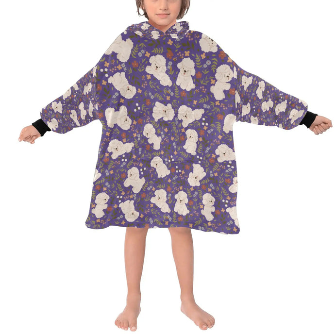 image of a kid wearing a bichon frise blanket hoodie for kids - purple