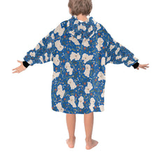 Load image into Gallery viewer, image of a blue bichon frise blanket hoodie for kids - back view