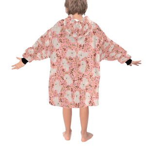 image of a light pink bichon frise blanket hoodie for kids - back view