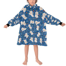 Load image into Gallery viewer, image of a kid wearing a bichon frise blanket hoodie for kids - blue