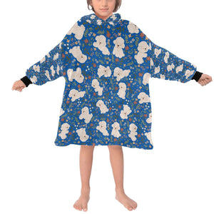 image of a kid wearing a bichon frise blanket hoodie for kids - blue