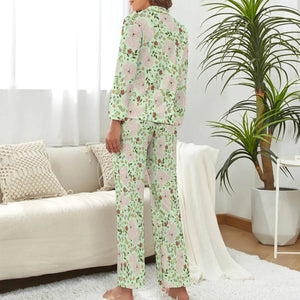 image of a woman wearing a green pajamas set for women - bichon frise pajamas set for women - back view