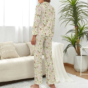 image of a woman wearing a beige pajamas set for women - bichon frise pajamas set for women - back view