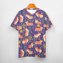 Load image into Gallery viewer, image of a purple t-shirt with all-over corgi design