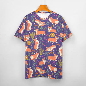 image of a purple t-shirt with all-over corgi design