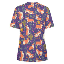 Load image into Gallery viewer, image of a purple t-shirt with all-over corgi design - backview
