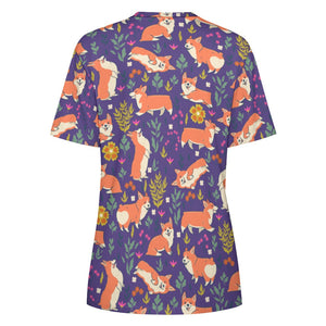 image of a purple t-shirt with all-over corgi design - backview