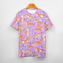 Load image into Gallery viewer, image of a lavender t-shirt with all-over corgi design
