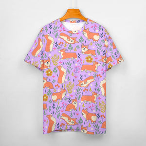 image of a lavender t-shirt with all-over corgi design