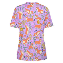 Load image into Gallery viewer, image of a lavender t-shirt with all-over corgi design - backview