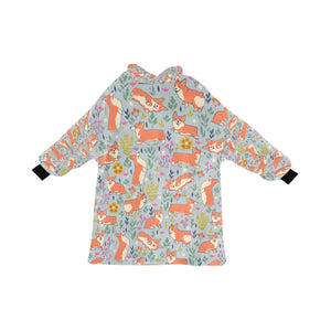 image of a grey corgi blanket hoodie for kids