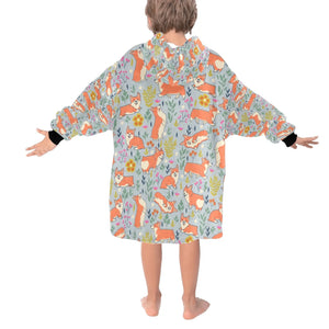image of a grey corgi blanket hoodie for kids - back view