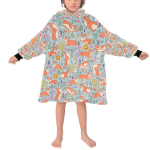 image of a corgi blanket hoodie for kids - grey