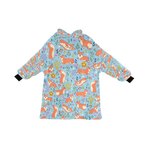 image of a light blue corgi blanket hoodie for kids