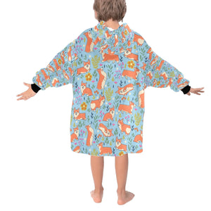 image of a light blue corgi blanket hoodie for kids - back view