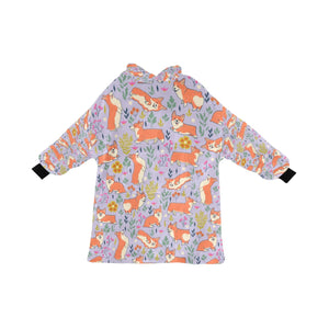 image of a lavender corgi blanket hoodie for kids