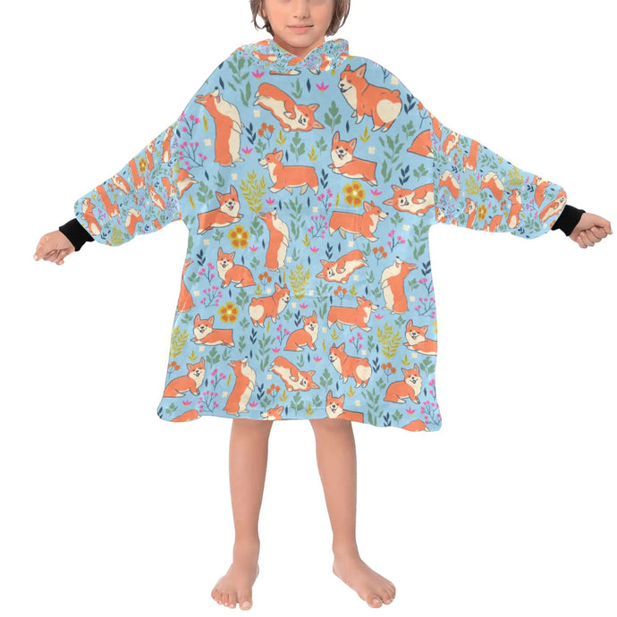 image of a corgi blanket hoodie for kids - light blue 